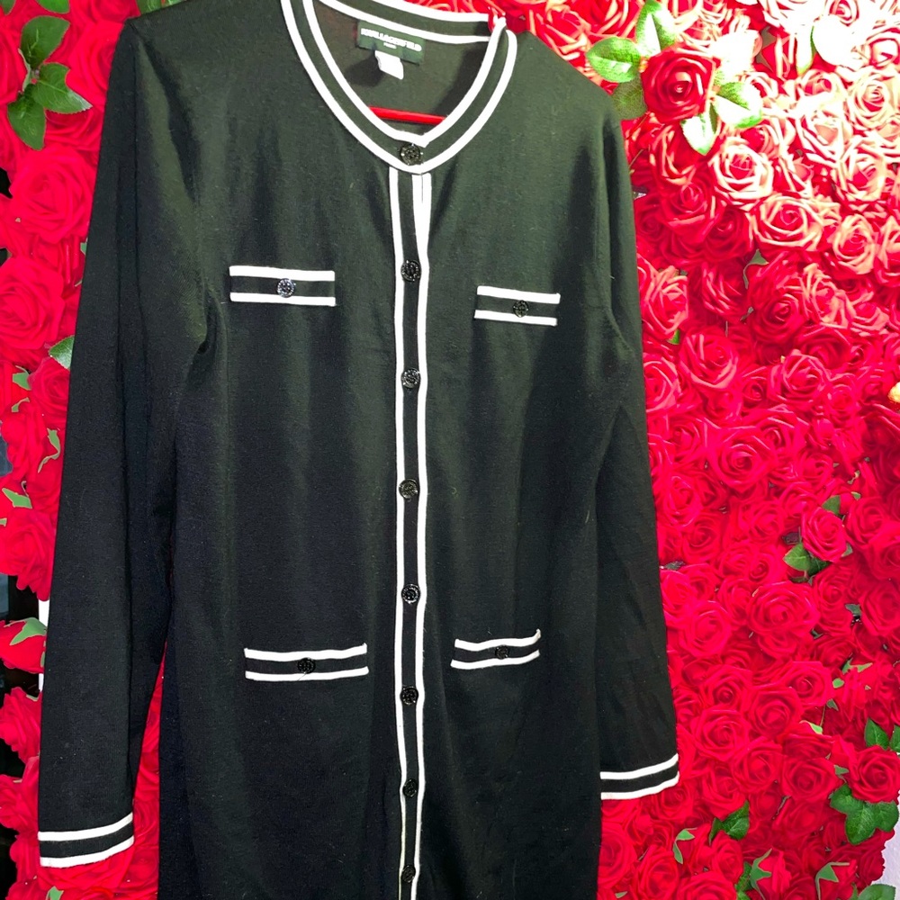 KARL LAGERFELD BLACK WITH WHITE TRIM LONG CARDIGAN